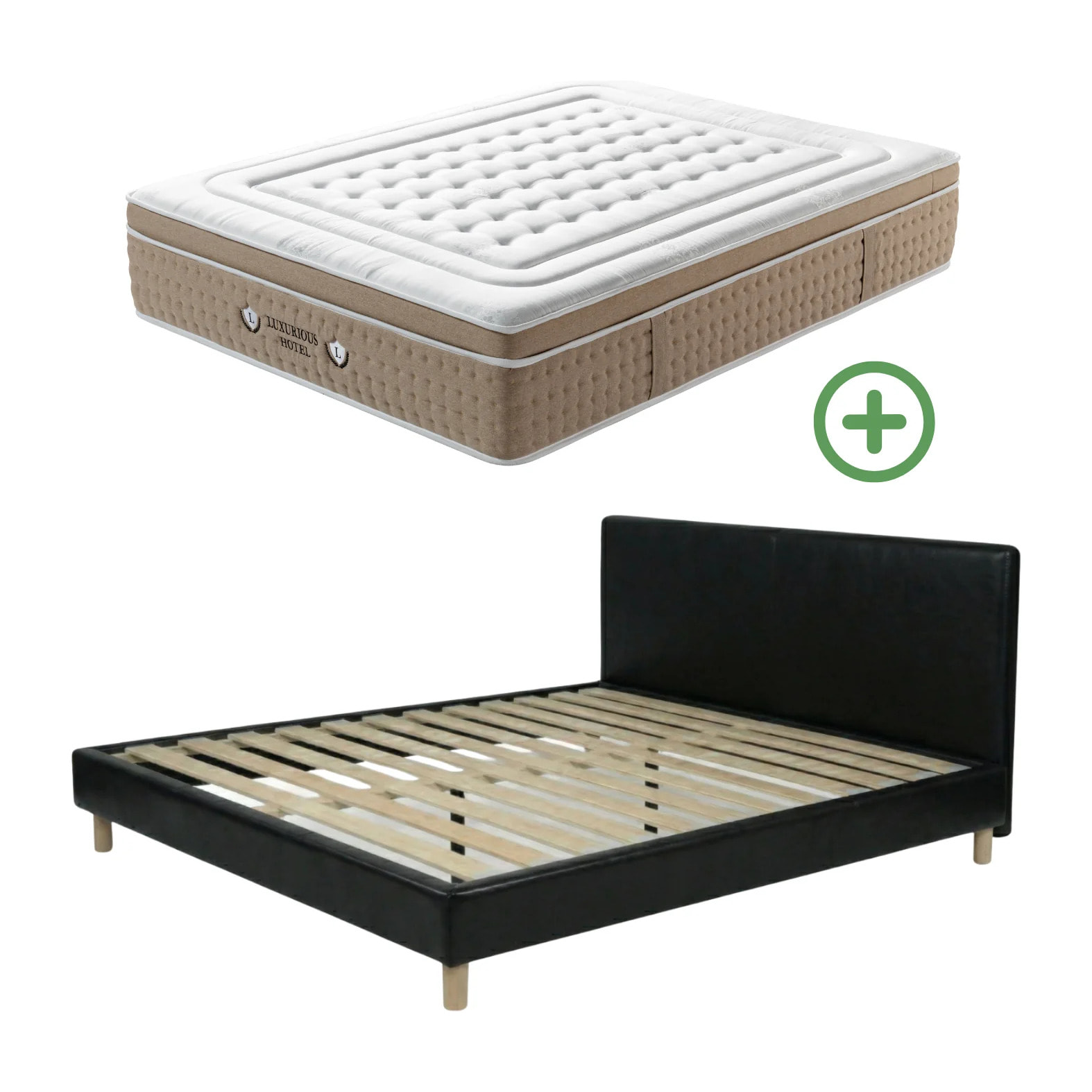Ensemble matelas Bali & lit fixe Colisée | Mémoire de forme et ressorts ensachés | cadre à lattes | Simili cuir | Noir