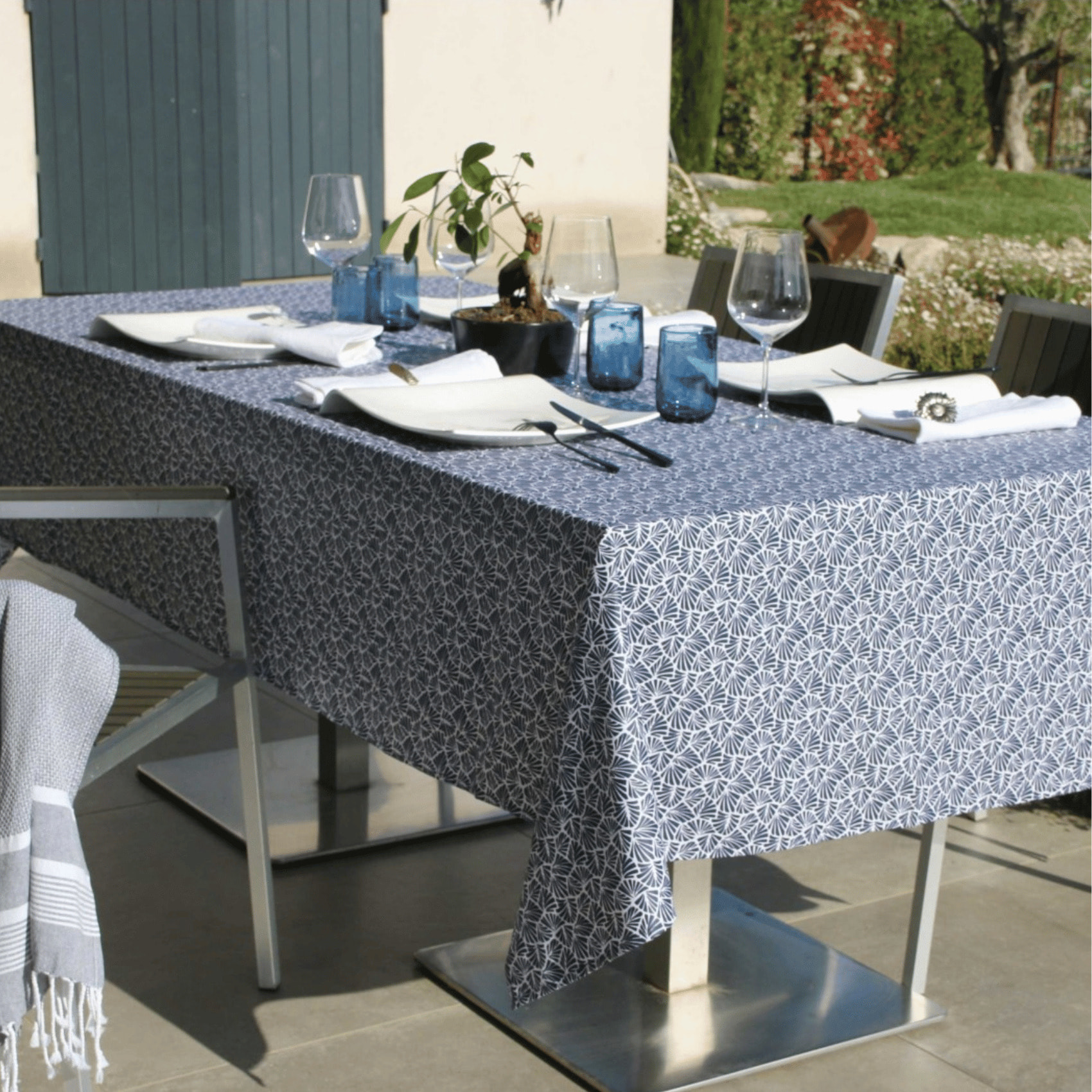 Nappe rectangulaire plastifiée 100% coton - Bleu Marine