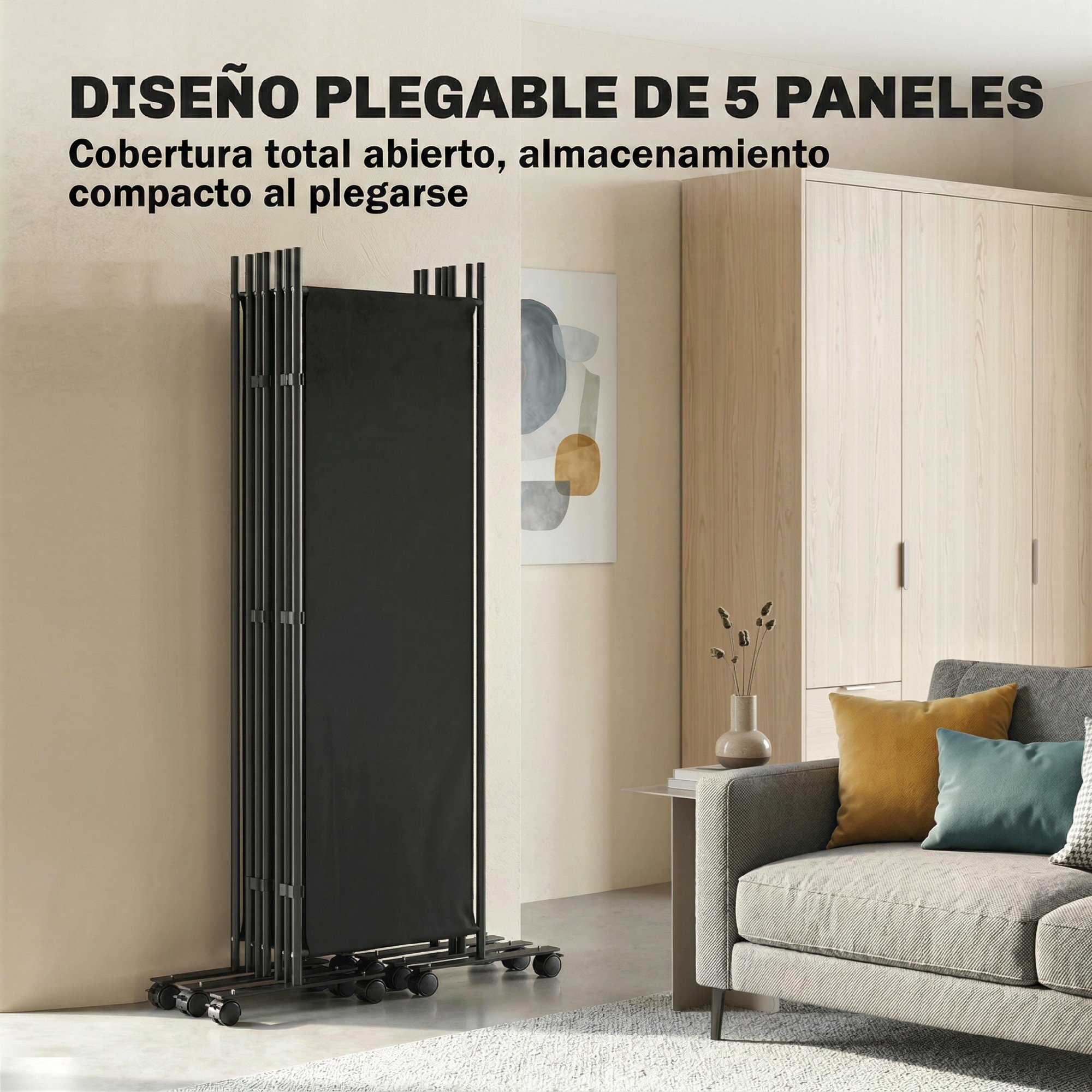 Biombo Plegable de 5 Paneles con 12 Ruedas, 252x170 cm, Biombo Separador de Ambientes con Clips de Conexión para Montaje Personalizado, para Salón u Oficina, Negro