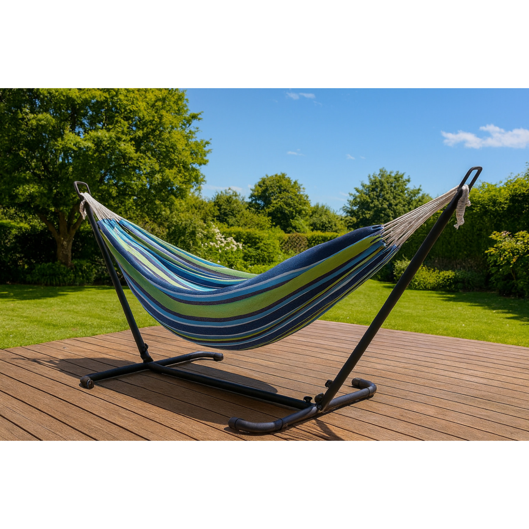 Hamac sur pied 2,6 m avec toile en polyester bleu et vert SAGUEDO