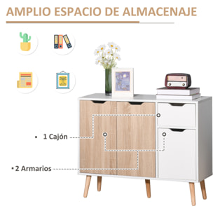 Aparador Auxiliar Mueble de Almacenaje de Salón con 2 Armarios con Puertas y Cajón de Madera para Sala de Estar Cocina Dormitorio 90x30x72 cm Blanco y Natural