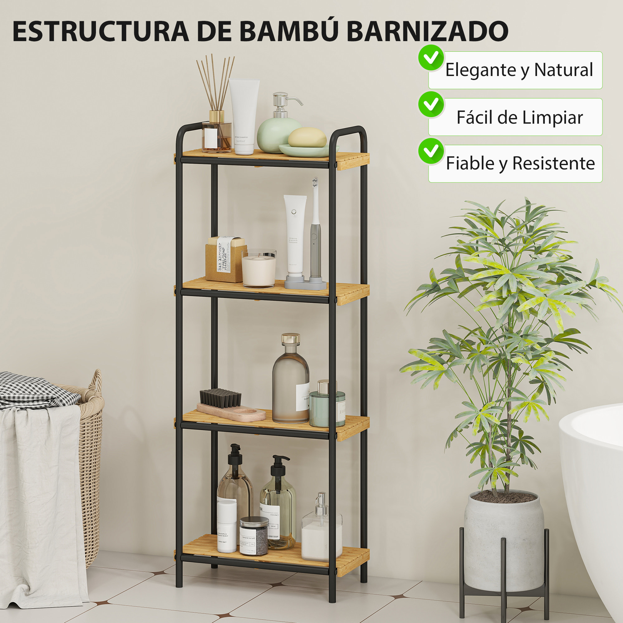Estantería de Baño de Bambú de 4 Niveles Estantería de Almacenaje con 4 Baldas Abiertas Diseño de Lamas y Estructura de Acero para Cocina Baño Salón 41,5x21,5x106 cm Natural y Negro