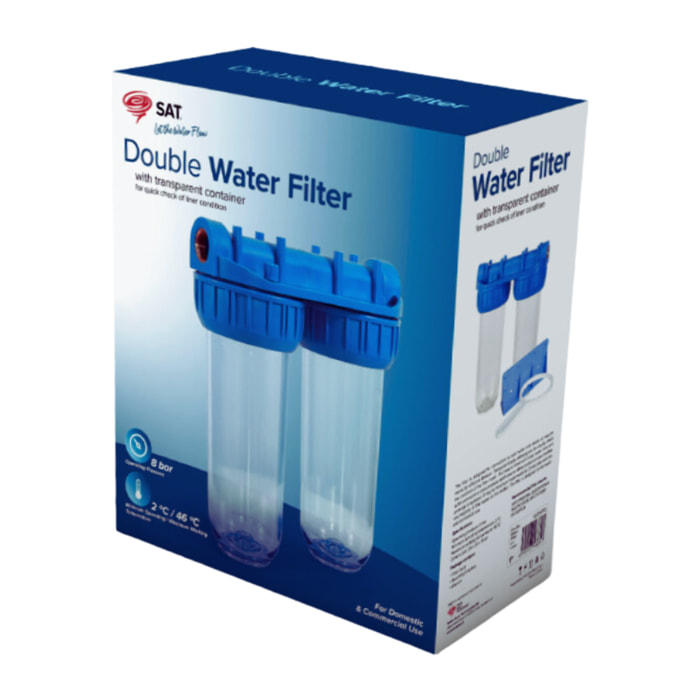 Double bol transparent pour filtres universels 10", prêt à raccorder 3/4" + 1 filtre + 1 filtre charbon actif (SATHF34DX2)