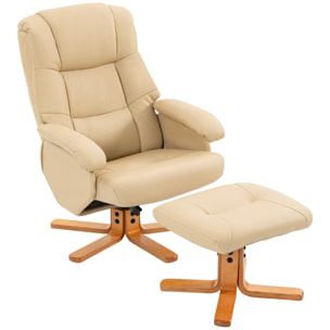 Fauteuil relax inclinable pivotant avec repose-pied piètement bois clair synthétique beige