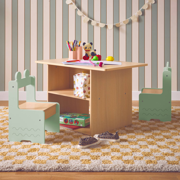 Table enfant + 2 chaises. avec étagères. vert