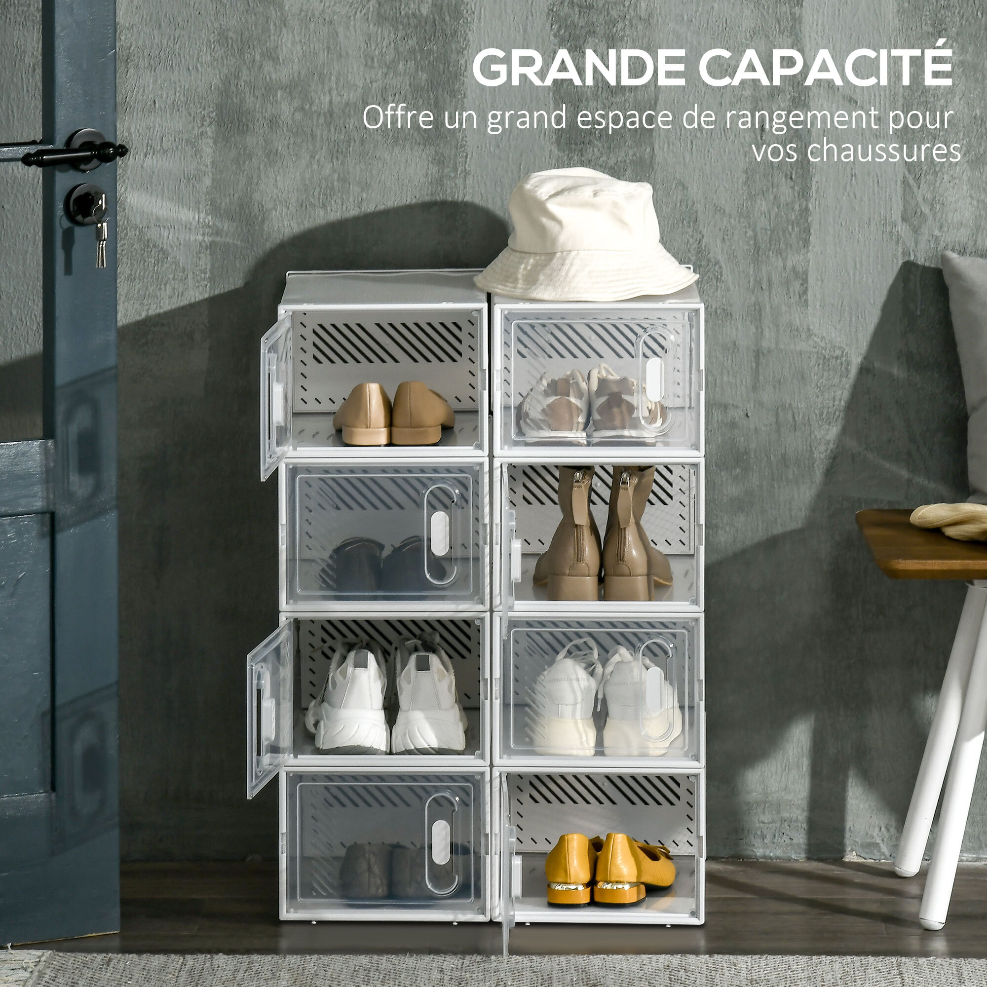 Lot de 8 boites cubes rangement à chaussures modulable avec portes transparentes - dim. 25L x 35l x 19H cm - PP blanc transparent