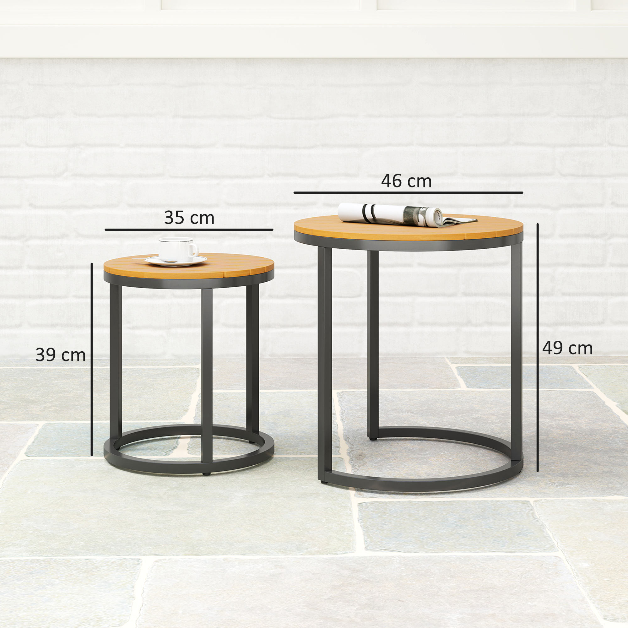 Juego de 2 Mesas de Jardín con Encimera de Madera de Acaica Diseño Listones Mesas Auxiliares de Jardín Nido con Marco de Acero y Pies Ajustables para Balcón Terraza Patio Teca y Negro