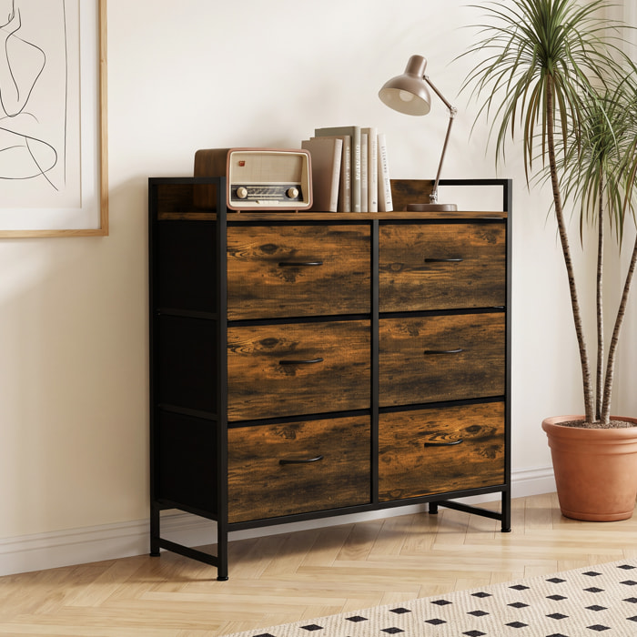 Cómoda con 6 Cajones de Tela Plegables, Cómoda para Dormitorio Industrial con Estante Abierto, Marco de Acero, Cajonera para Espacios Pequeños, Sala de Estar, Vestidor, Baño, Marrón Rústico