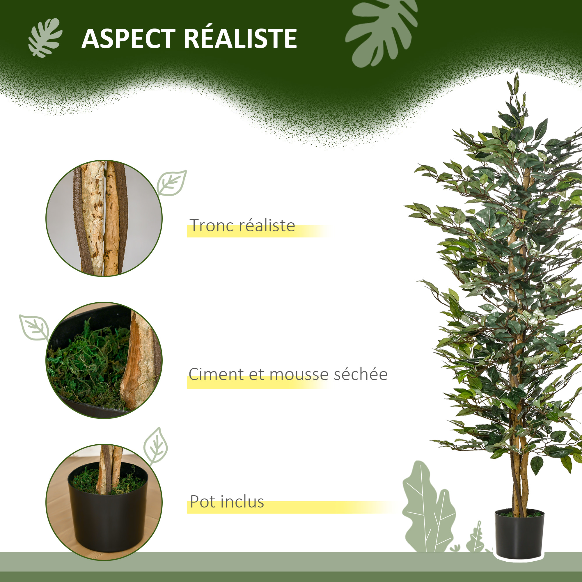 Arbre artificiel plante artificiel ficus hauteur 1,5 m tronc branches liane lichen feuilles grand réalisme pot inclus