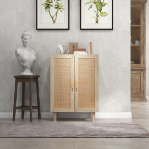 Buffet 2 portes 2 étagères réglables style bohème chic cannage en rotin panneaux aspect bois clair