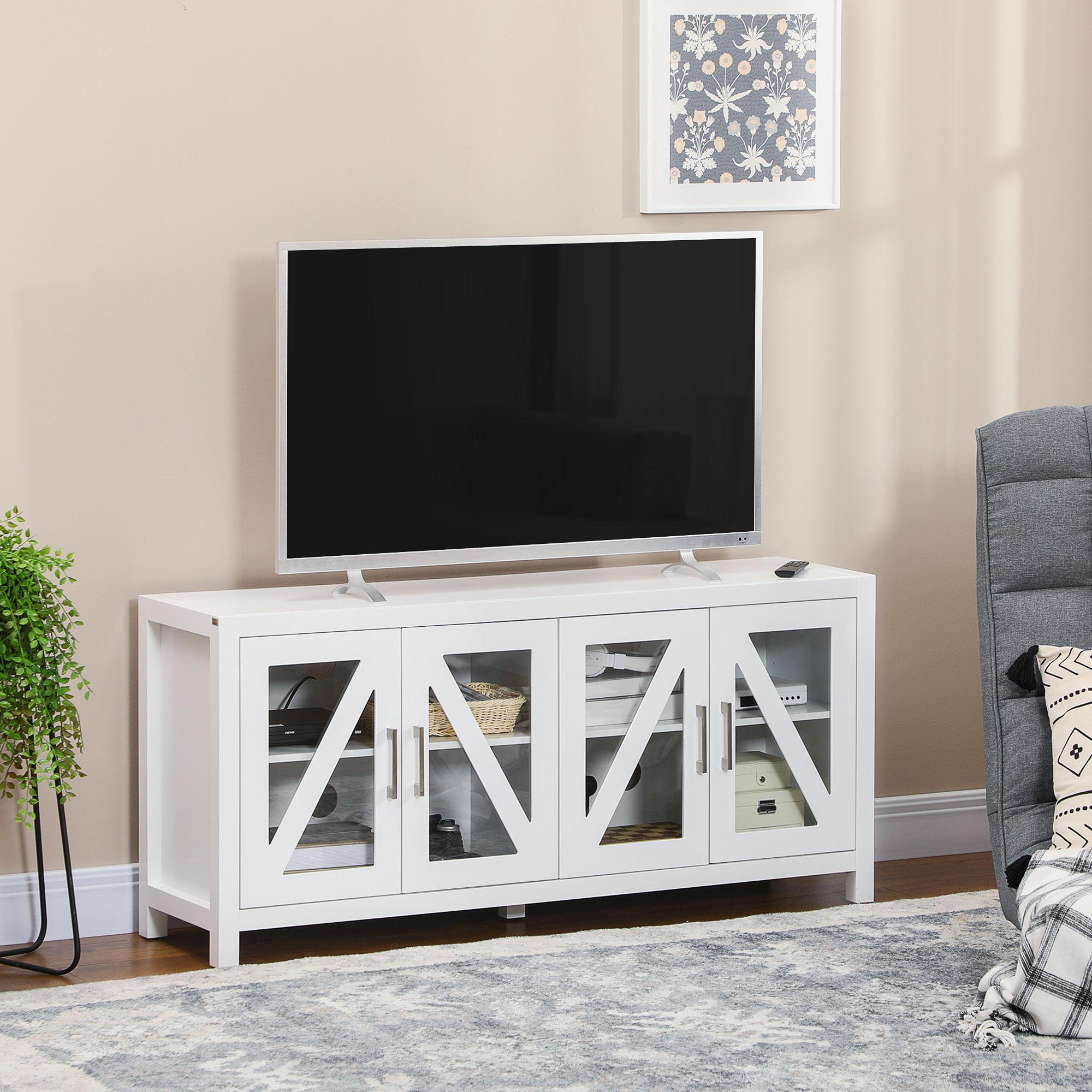 Mueble TV de Salón Mesa para Televisores de hasta 58" con 4 Puertas de Vidrio Templado Estantes Ajustables y 4 Orificios para Cables para Dormitorio 130x35x60 cm Blanco