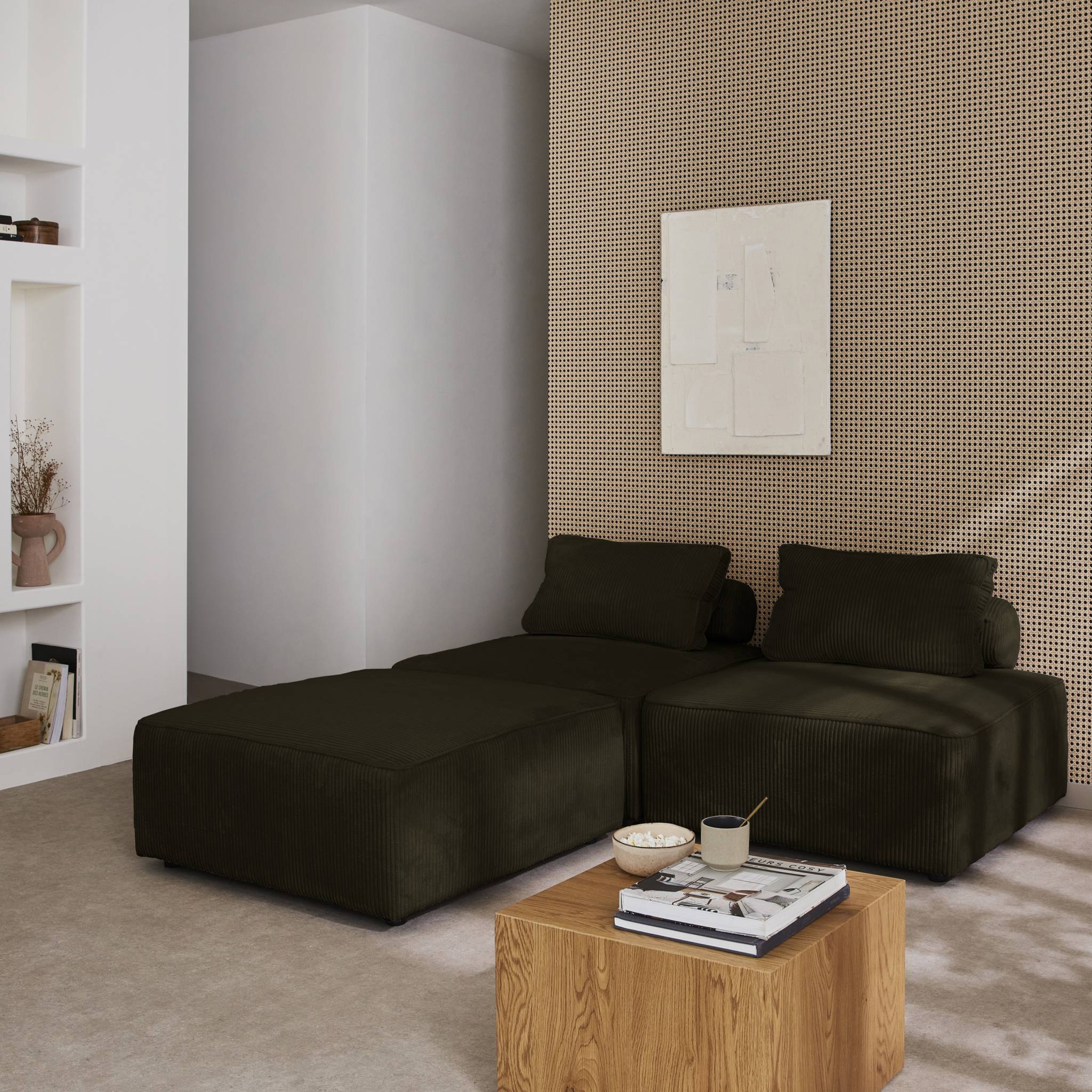 Lot de 3 chauffeuses pour canapé modulables velours côtelé vert foncé avec un coussin