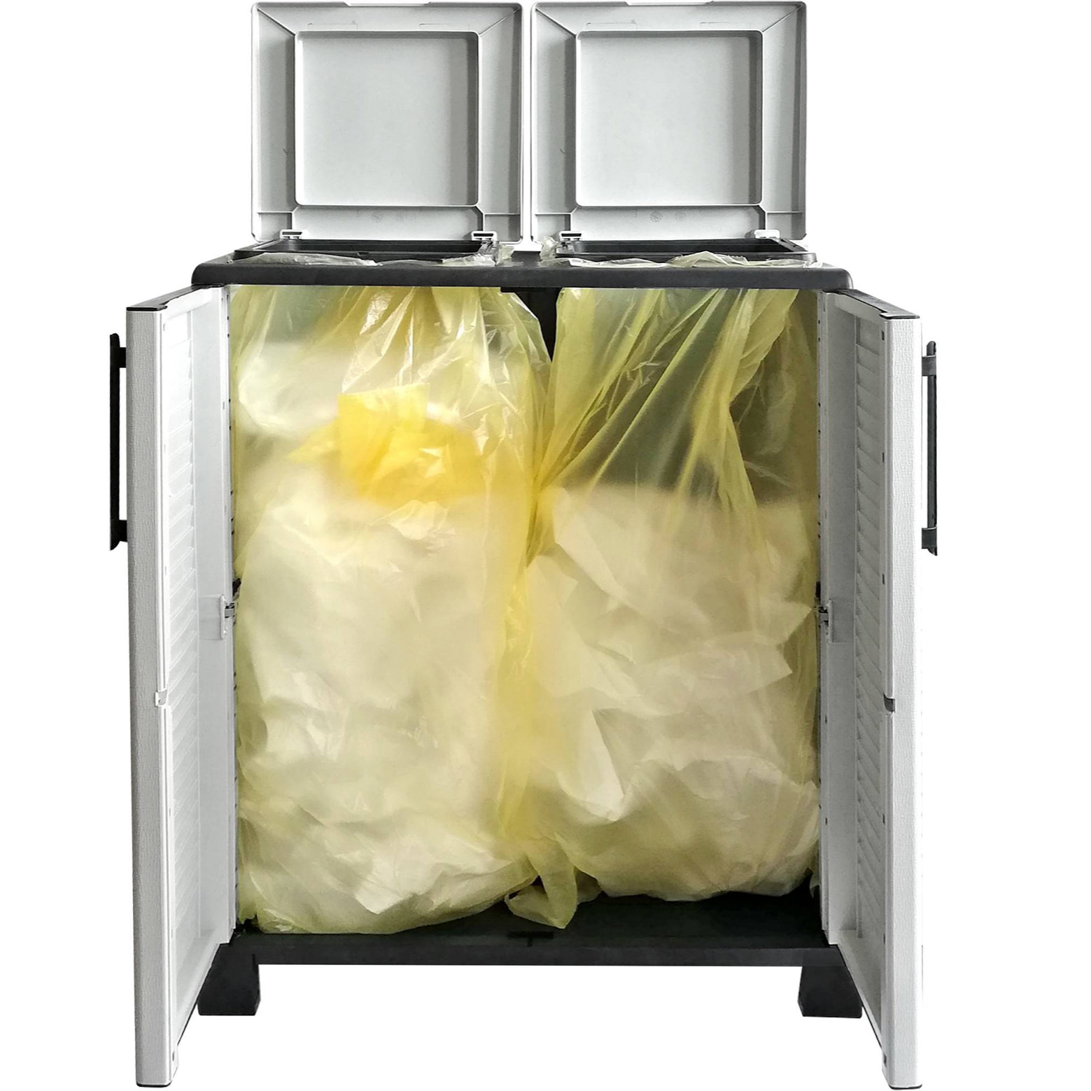 Pattumiera Alistar, Cestino portarifiuti, Bidone per raccolta differenziata, 100% Made in Italy, 68x37h90 cm, Grigio chiaro e Nero, Finitura righe