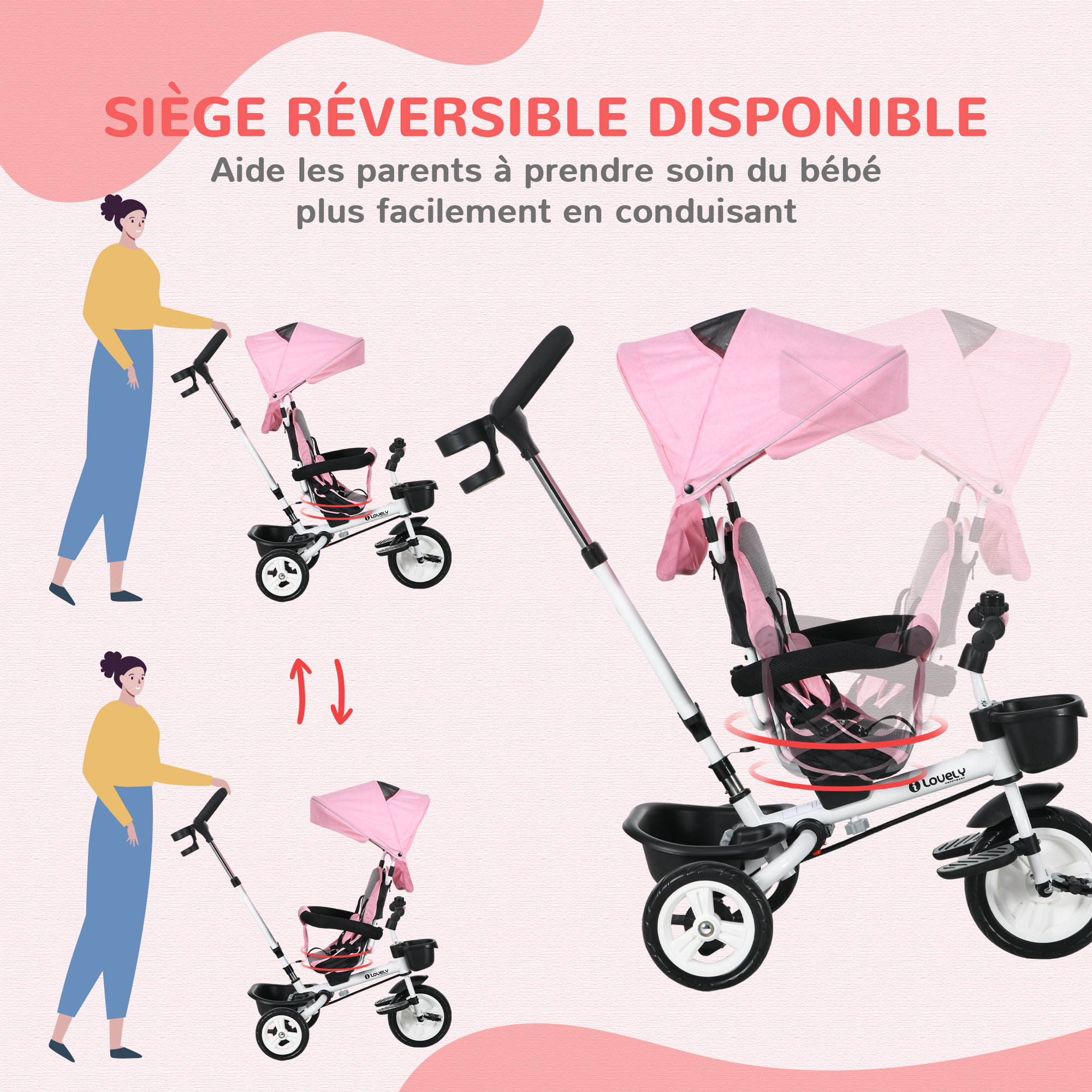 Tricycle enfant évolutif pliable pare-soleil canne télescopique amovible siège réversible rose