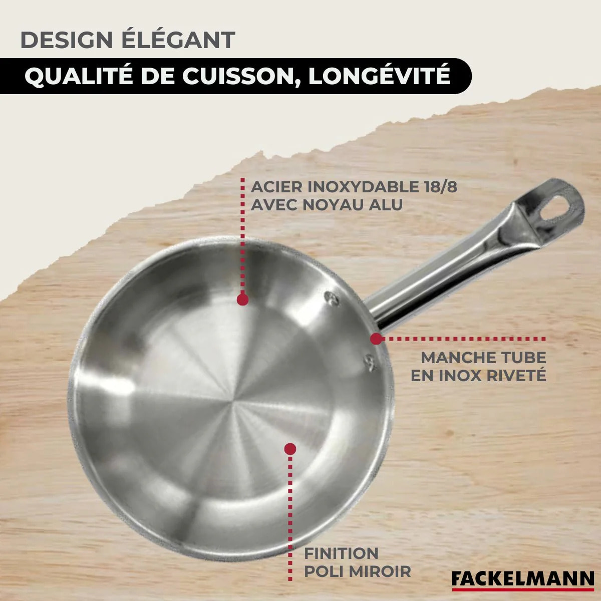 Set de 1 poêle de 28 cm en inox 1 couvercle en verre et 6 ustensiles Fackelmann Eterna