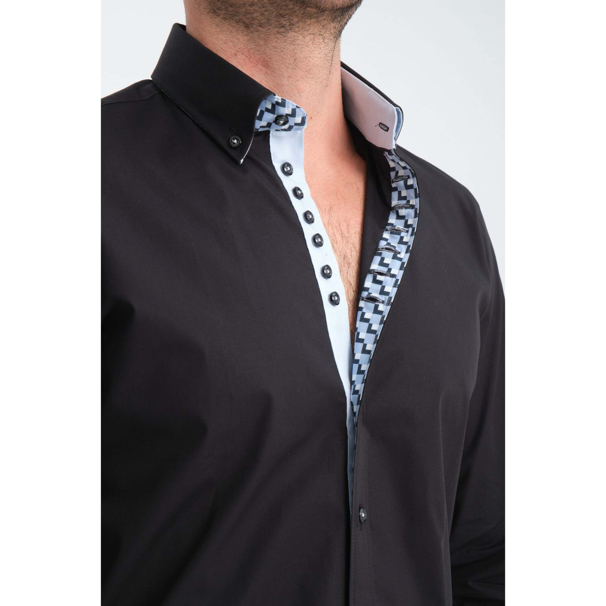 Camicia Uomo 1 Bottoni Button Down Slim Popeline Stretch Unito Nero