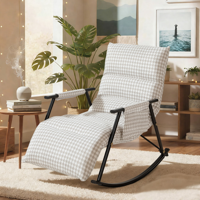 Silla Mecedora con Respaldo y Reposapiés Ajustables, Mecedora Sillón Balancín 105°, Tapizada en Lino, con Bolsillo Lateral y Marco de Metal, Carga 120 kg, para Dormitorio, Salón, Gris y Blanco