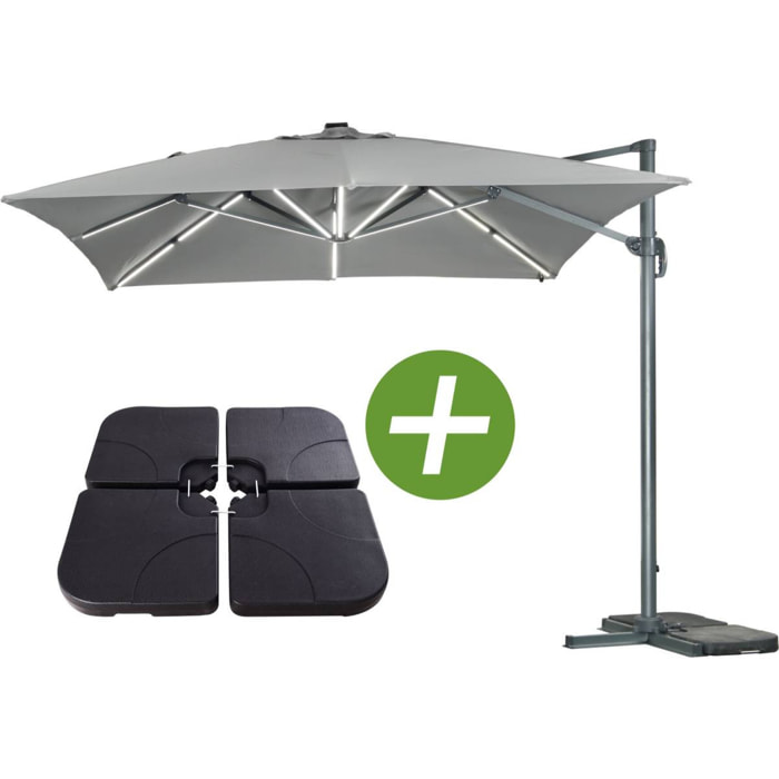 Parasol jardin déporté LED Alu "Sun 3 Luxe" - Carré - 3 x 3 m - Coloris gris - Dalles lestées incluses