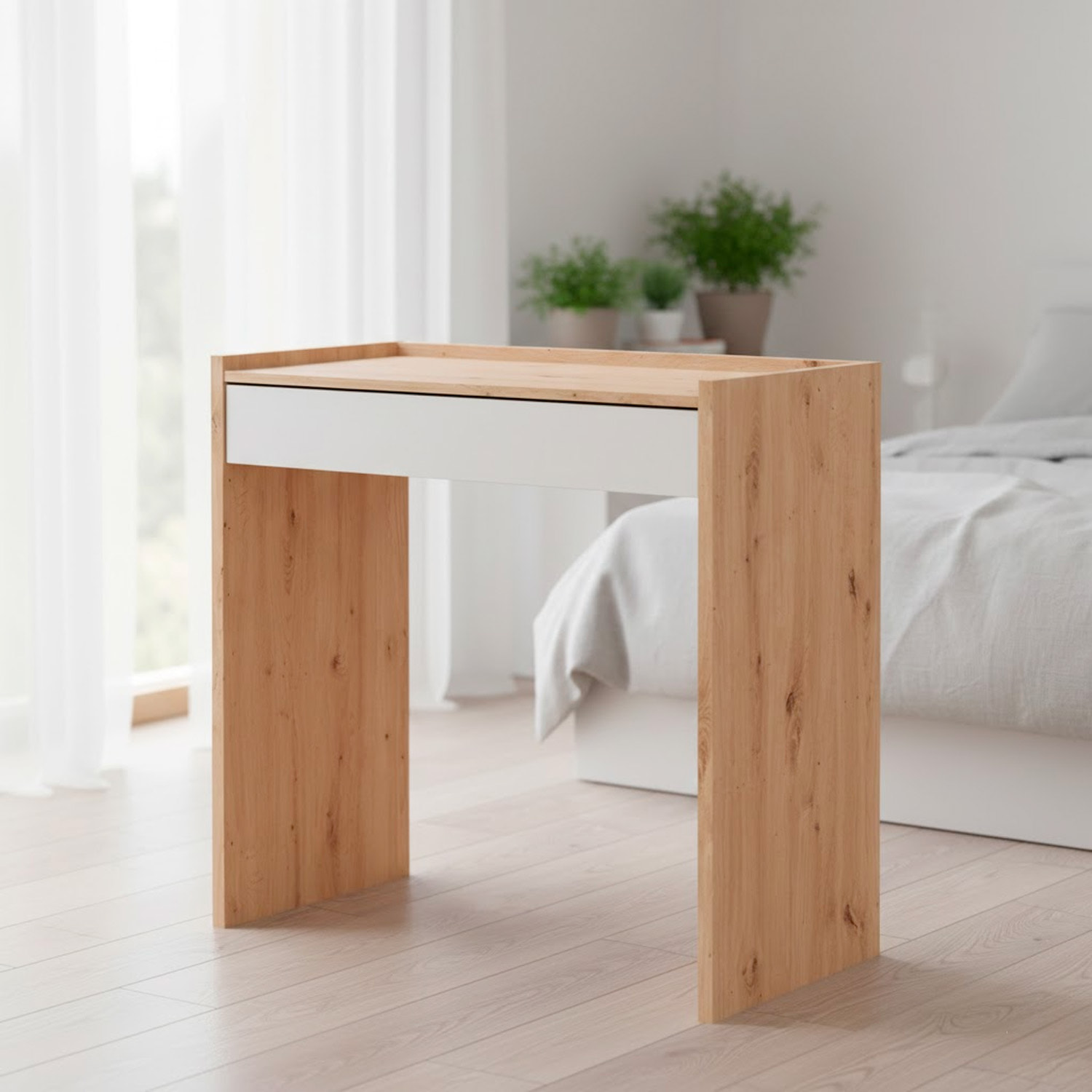 Scrivania Con Cassetto Tavolo Studio Ufficio Moderno Mobile Desk Struttura Salvaspazio Home Office Cameretta e Studio 81.5x40x77 Cm Bianco e Rovere