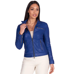 Giacca biker in pelle naturale bluette effetto liscio