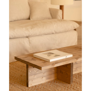 Table basse en bois massif ton chêne foncé 124x27cm Hauteur: 27 Longueur: 123.5 Largeur: 46.6