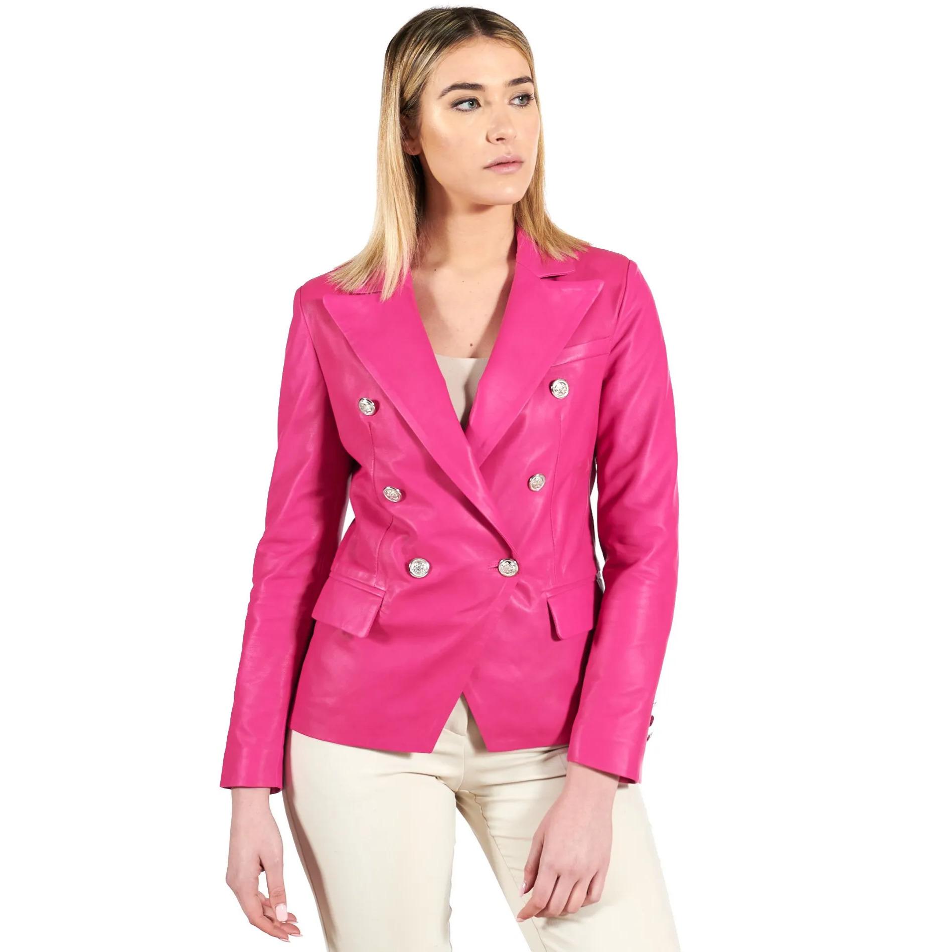 Giacca blazer doppio petto in pelle naturale fuxia