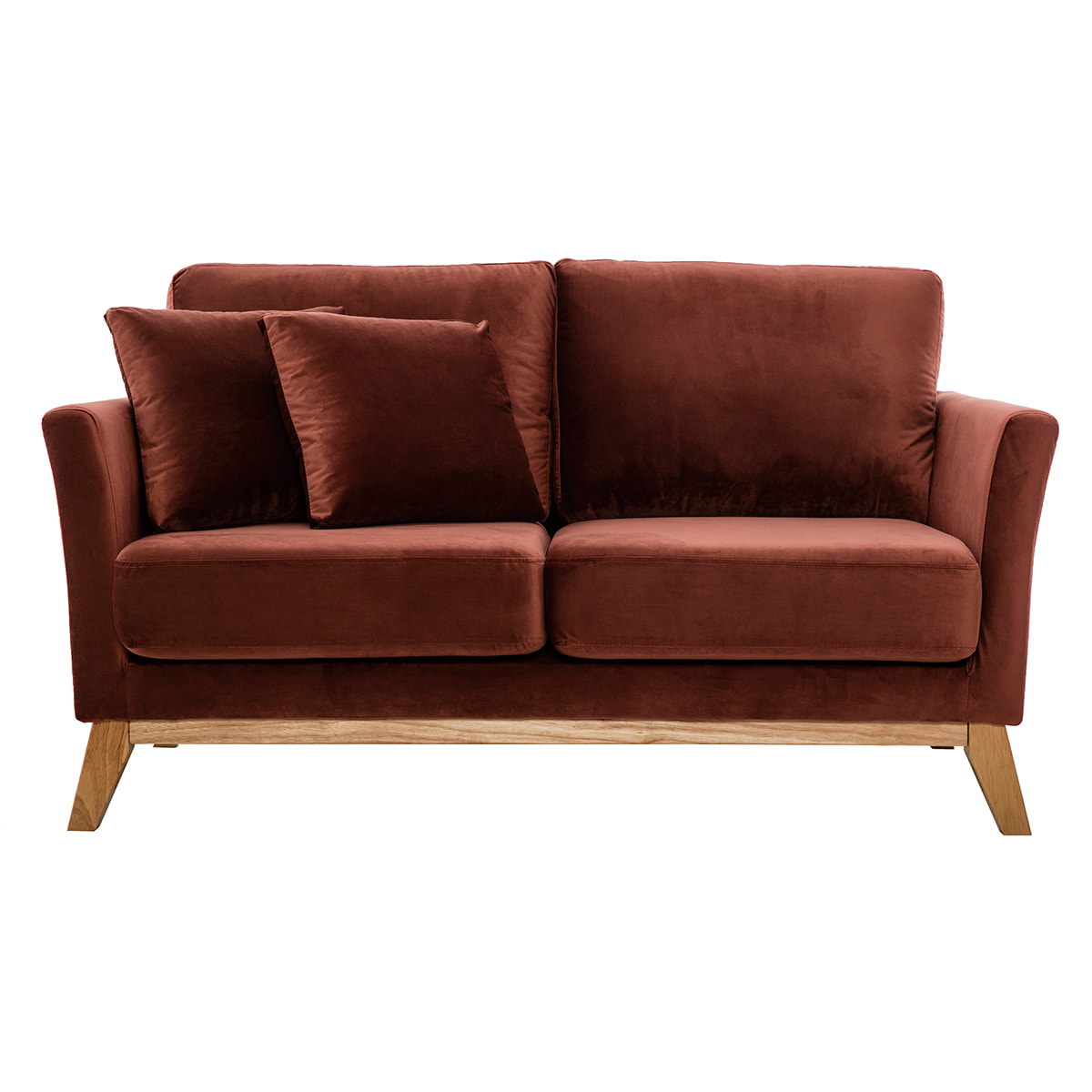 Canapé scandinave déhoussable 2 places en tissu velours rouge tomette et bois clair OSLO