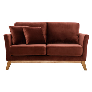 Canapé scandinave déhoussable 2 places en tissu velours rouge tomette et bois clair OSLO