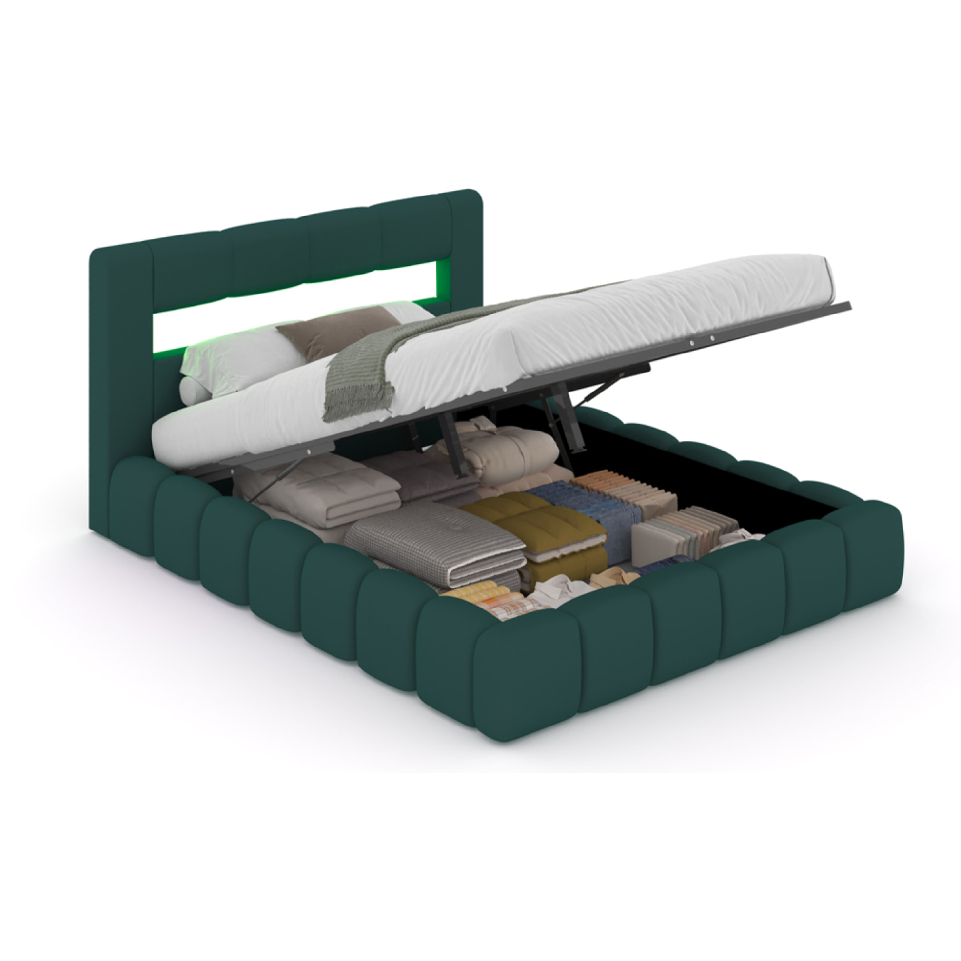 MAKILA Lit nuage avec coffre de rangement et LED 180x200cm en velours vert avec tête de lit et sommier