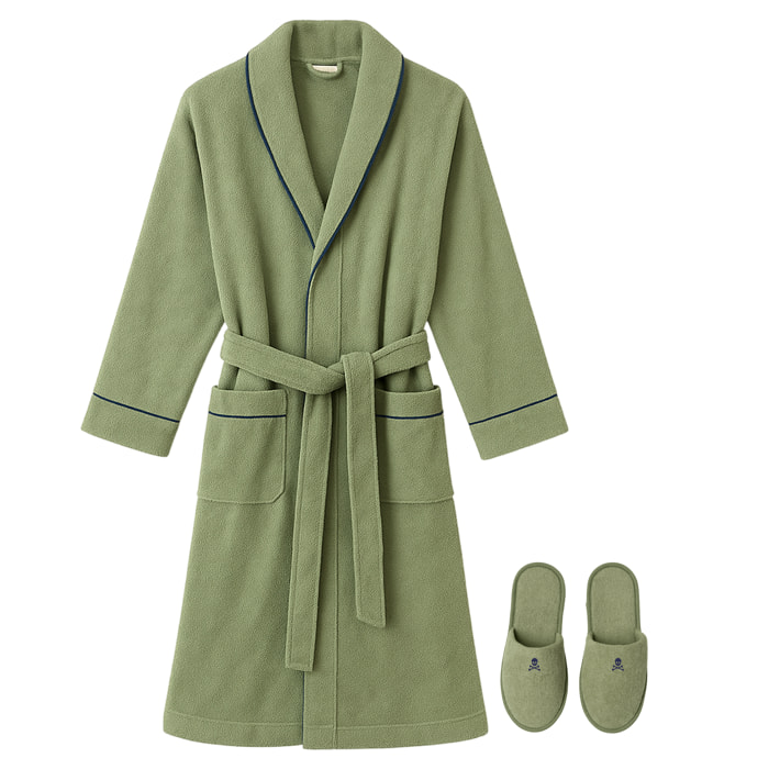 Scalpers set de albornoz (l-xl) y zapatillas (43-46) en algodón 100% suave y absorbente con bordado en color khaki