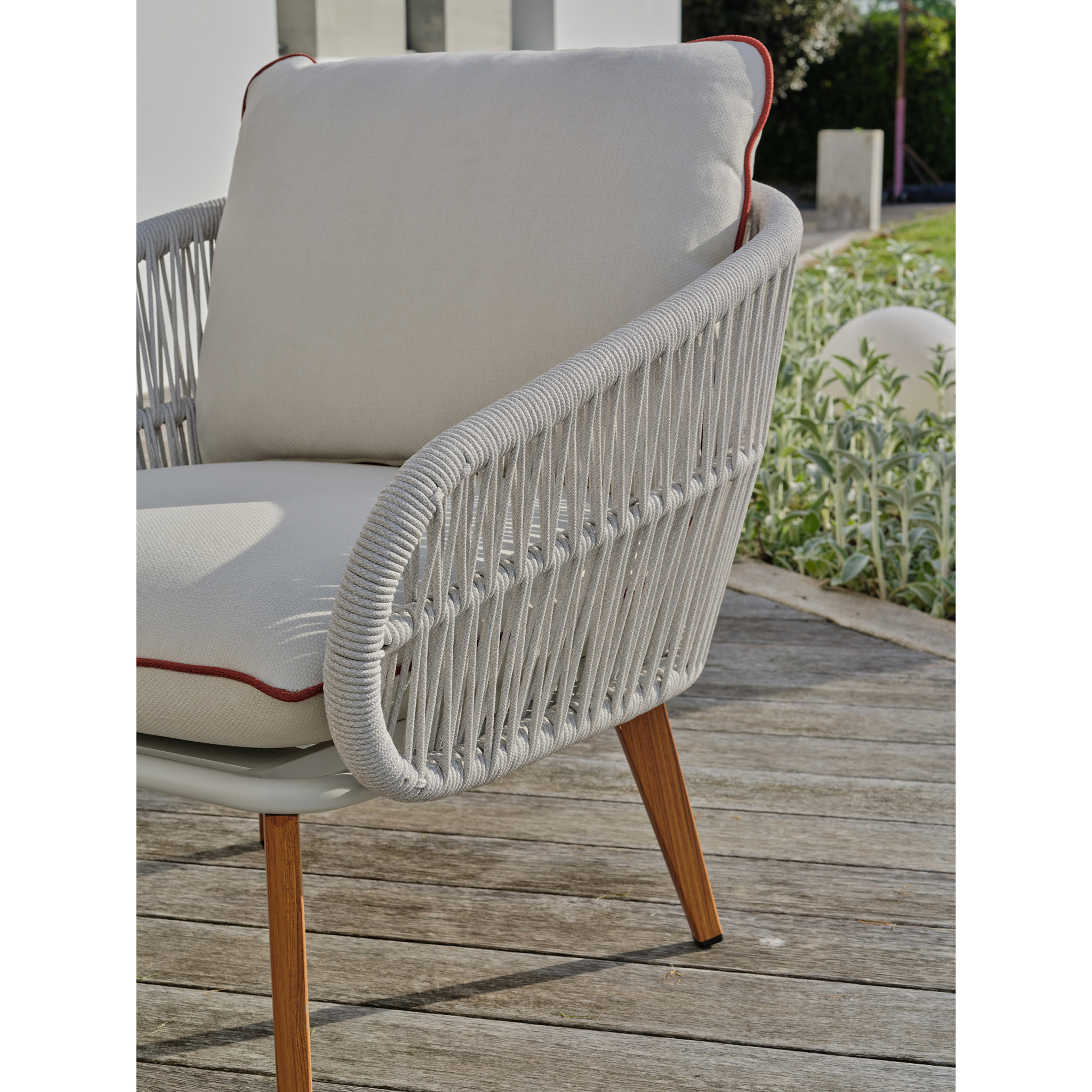 CUZCO - Salon bas de jardin 5 pl en alu imitation bois et corde tissée, blanc
