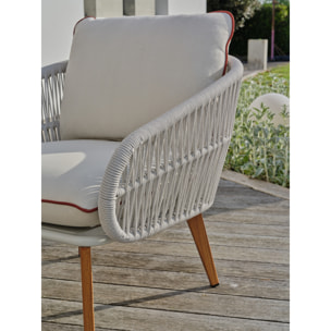 CUZCO - Salon bas de jardin 5 pl en alu imitation bois et corde tissée, blanc