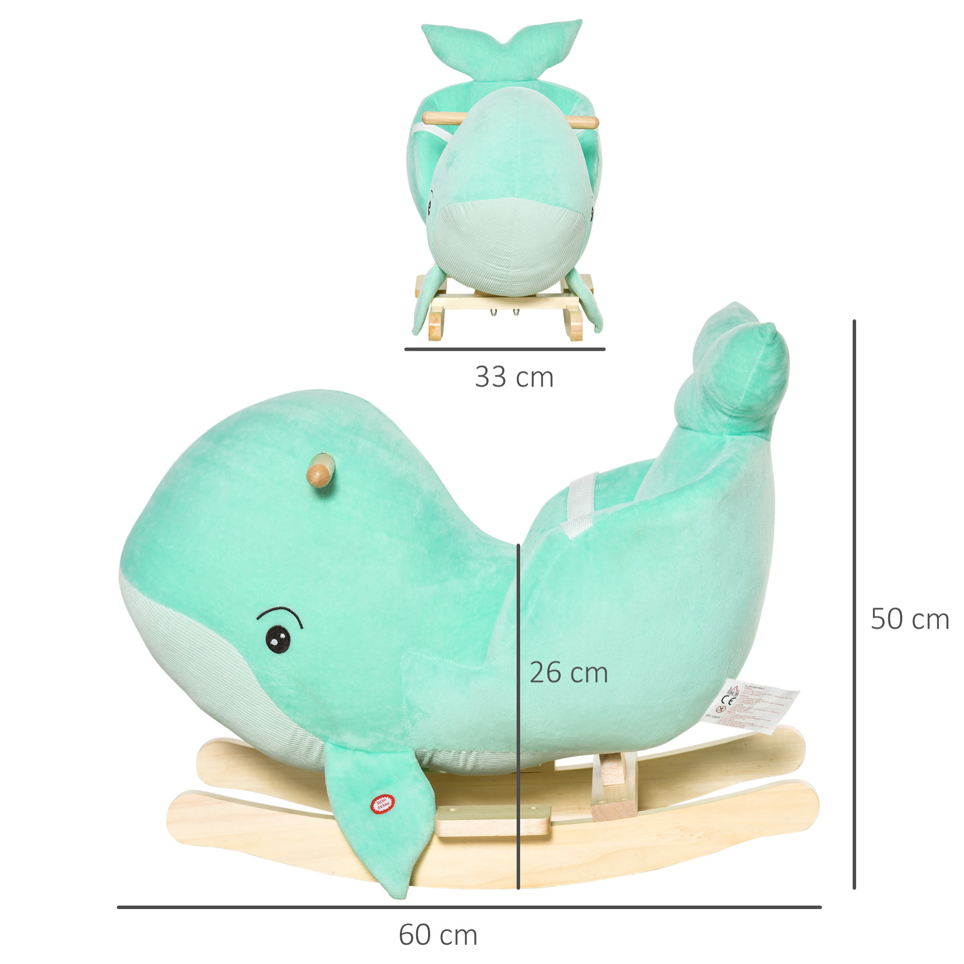 Jouet à bascule baleine - effet sonore chant baleine - fauteuil intégré, ceinture de sécurité - bois peuplier peluche courte polyester turquoise clair