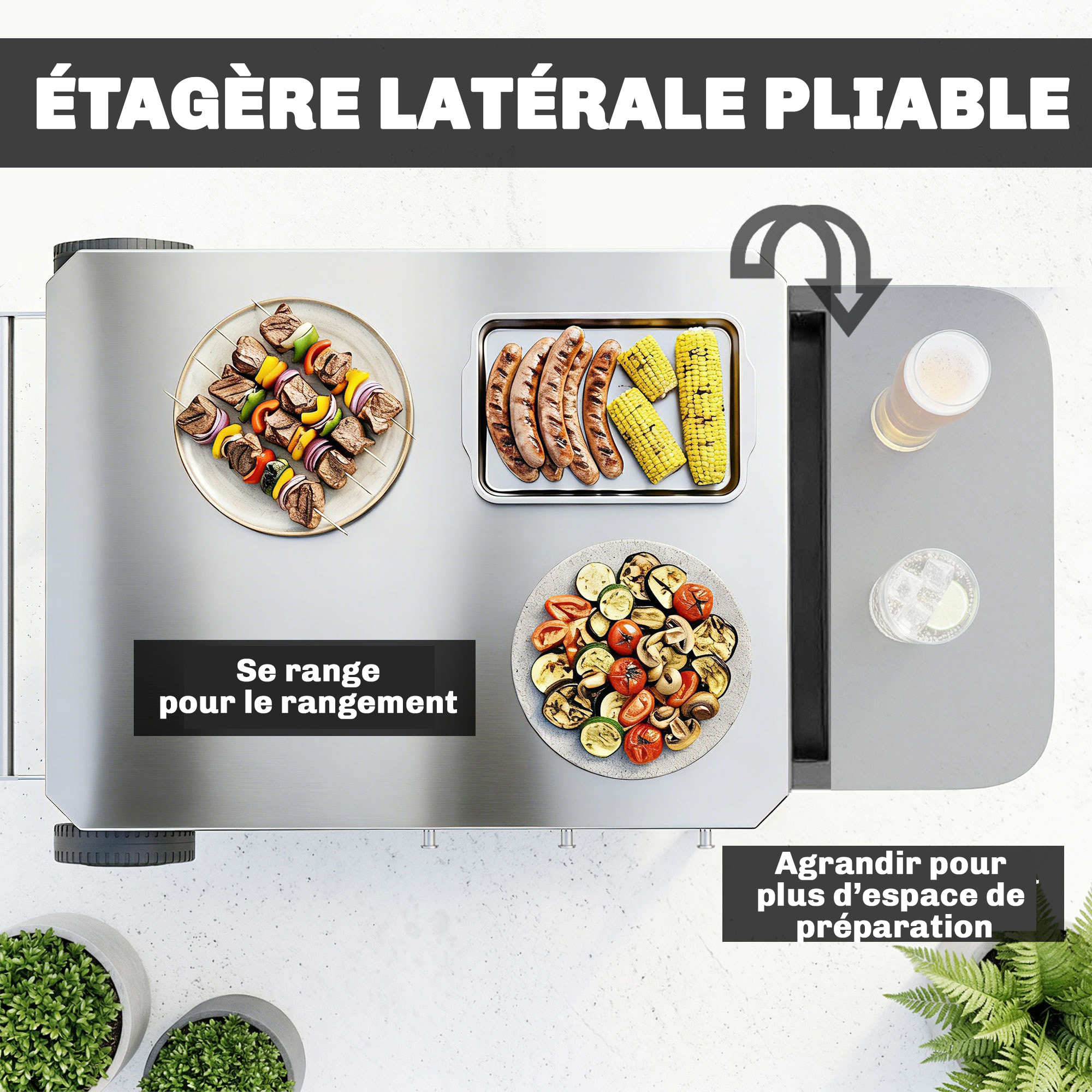 Desserte jardin étagère tablette latérale pliable acier inox noir