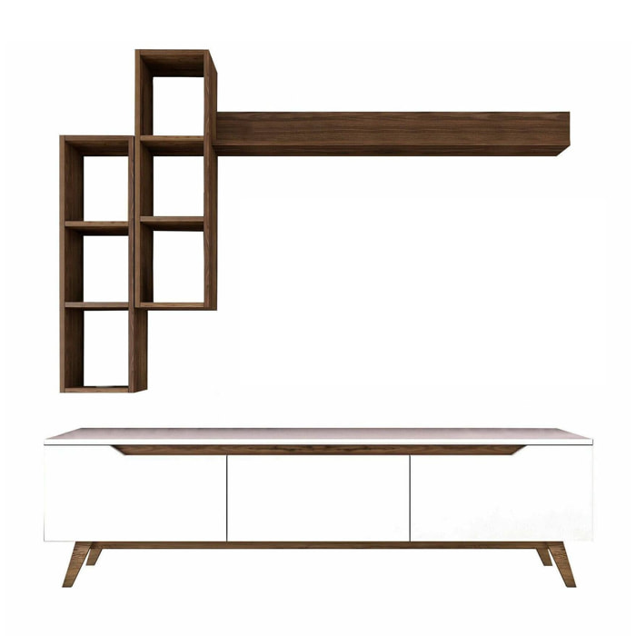Mobile porta TV Atax, Credenza da soggiorno, Armadio basso per TV, Base parete attrezzata, 180x35h49 cm, Bianco e Noce