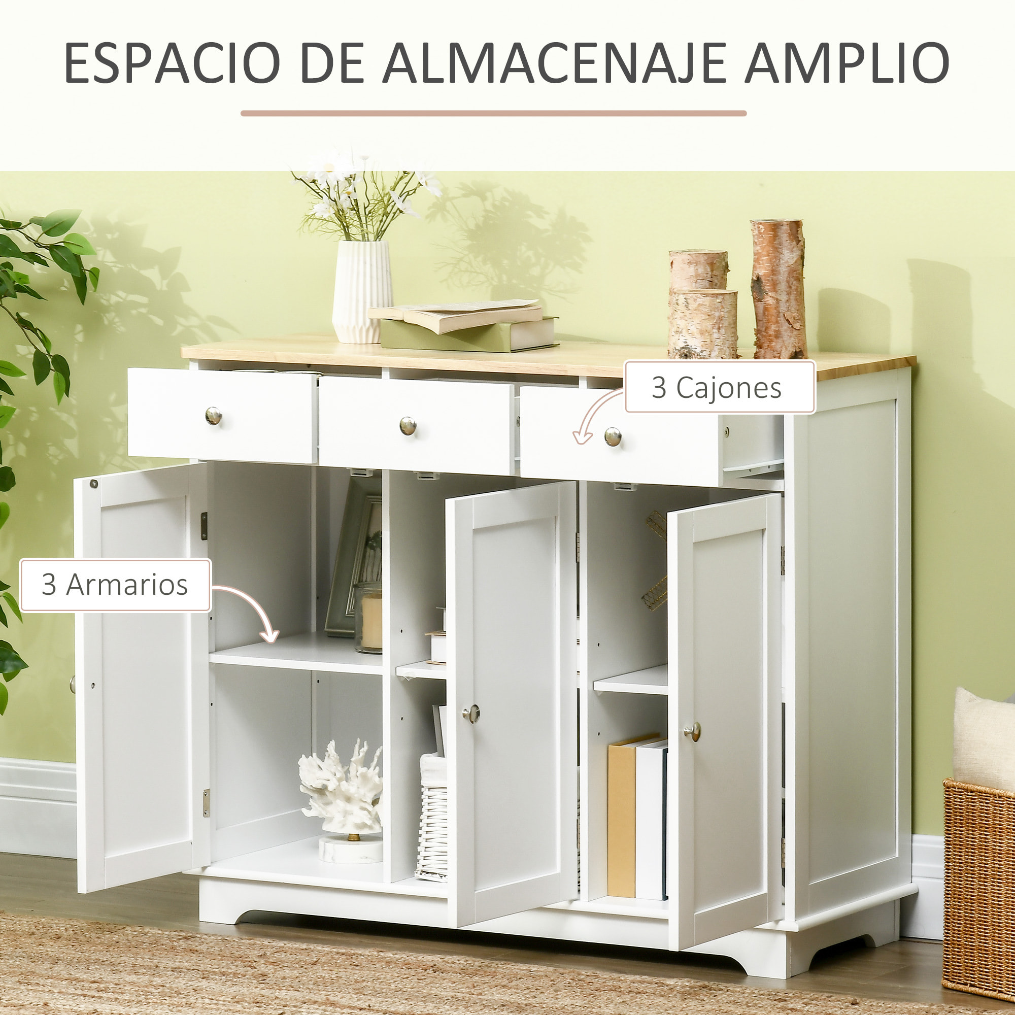 HOMCOM Aparador de Cocina con 3 Cajones 3 Puertas y Estantes Ajustables Mueble Auxiliar de Almacenaje para Comedor Salón Estilo Moderno Antivuelco 101x40x85 cm Blanco