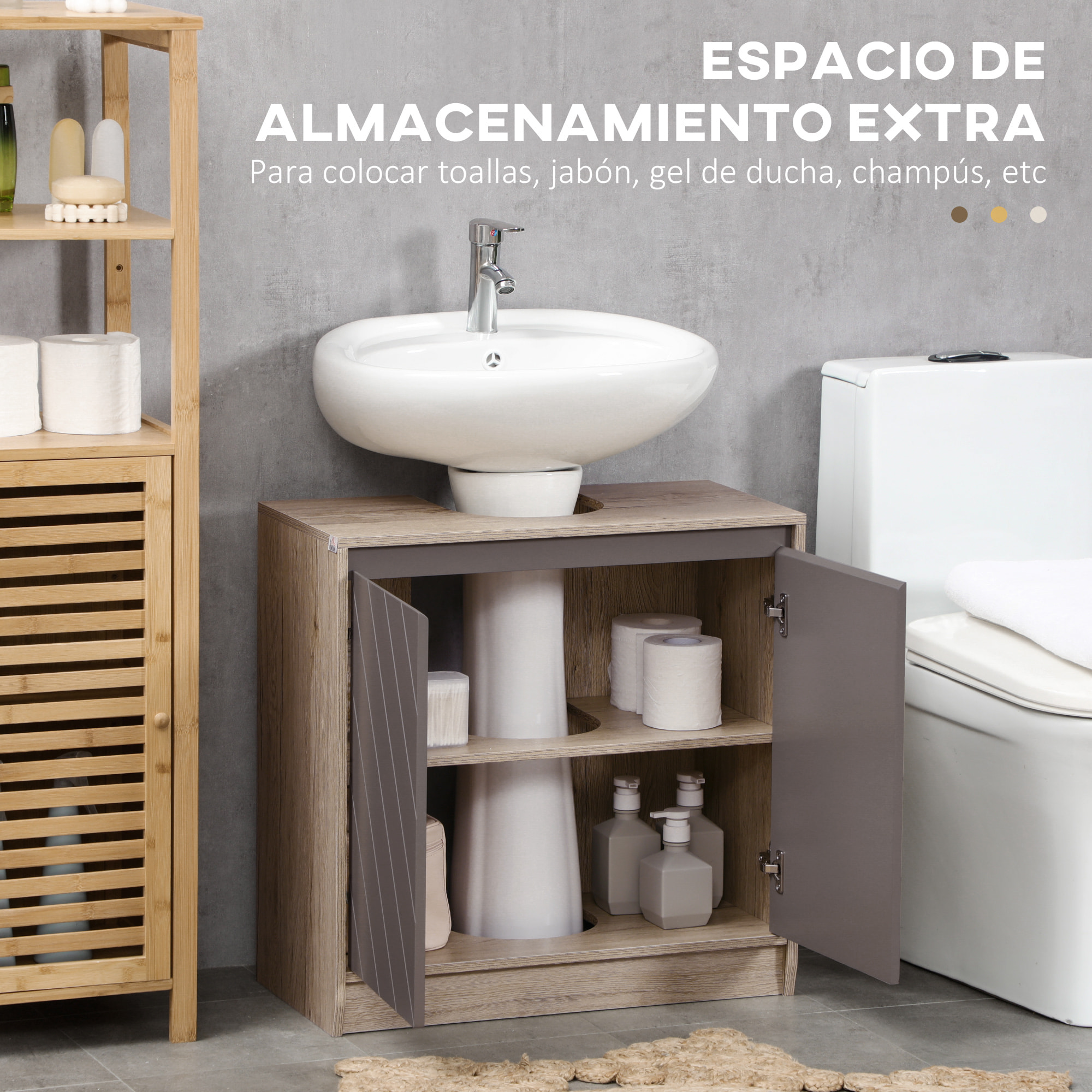 Mueble para Debajo del Lavabo Armario de Baño de Suelo con Puerta Doble y Estante Ajustable Carga 50 kg 60x30x59,8 cm Roble y Gris