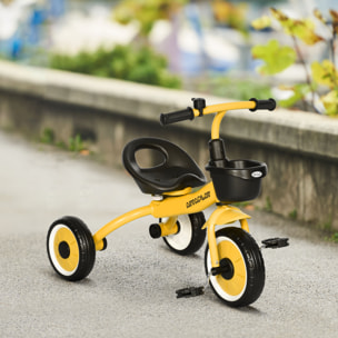 Tricycle enfant multi-équipé garde-boue sonnette panier pédales antidérapantes siège réglable avec dossier métal jaune