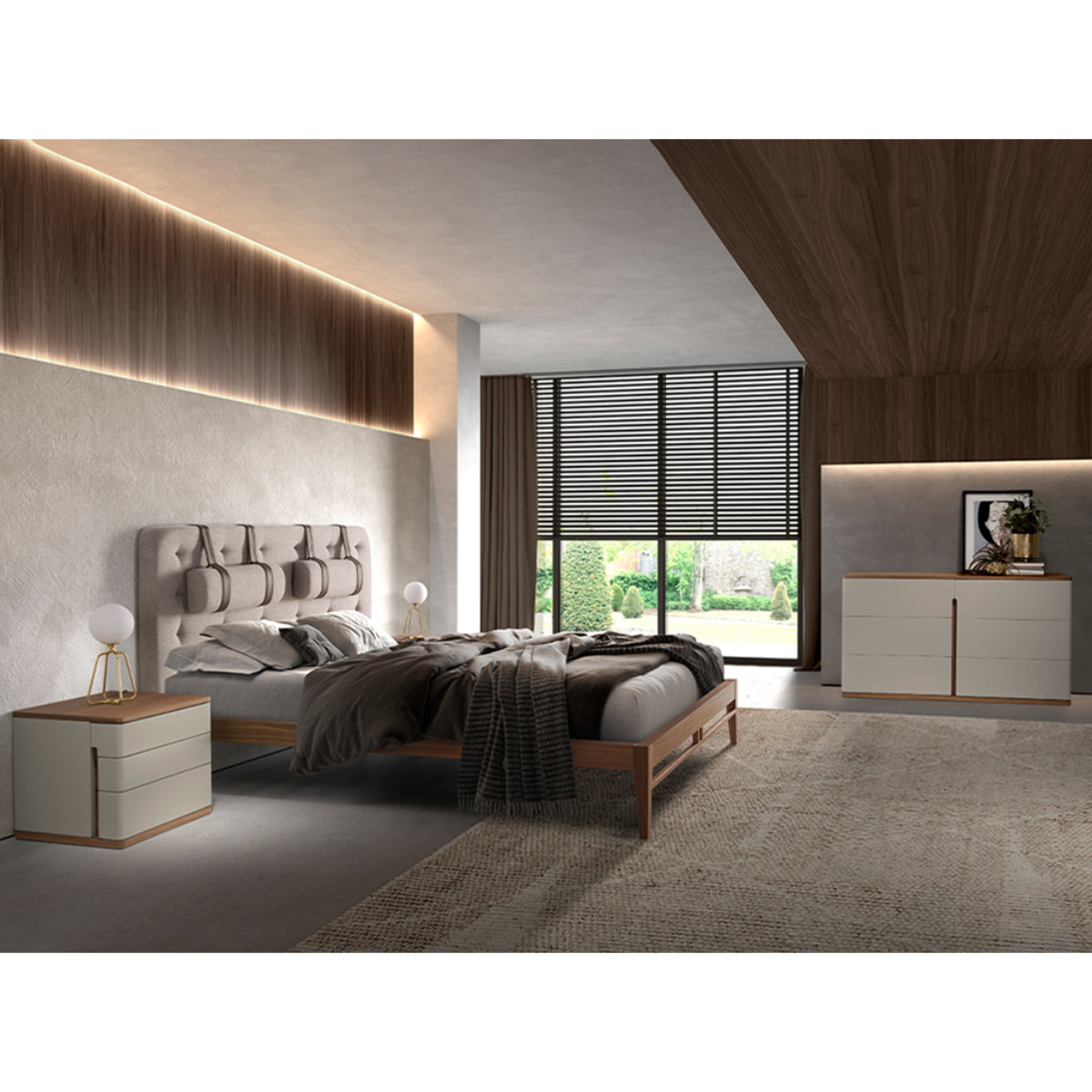 Mesita de noche con estructura de madera de MDF en gris y una base de madera chapada en nogal 46x46x45cm