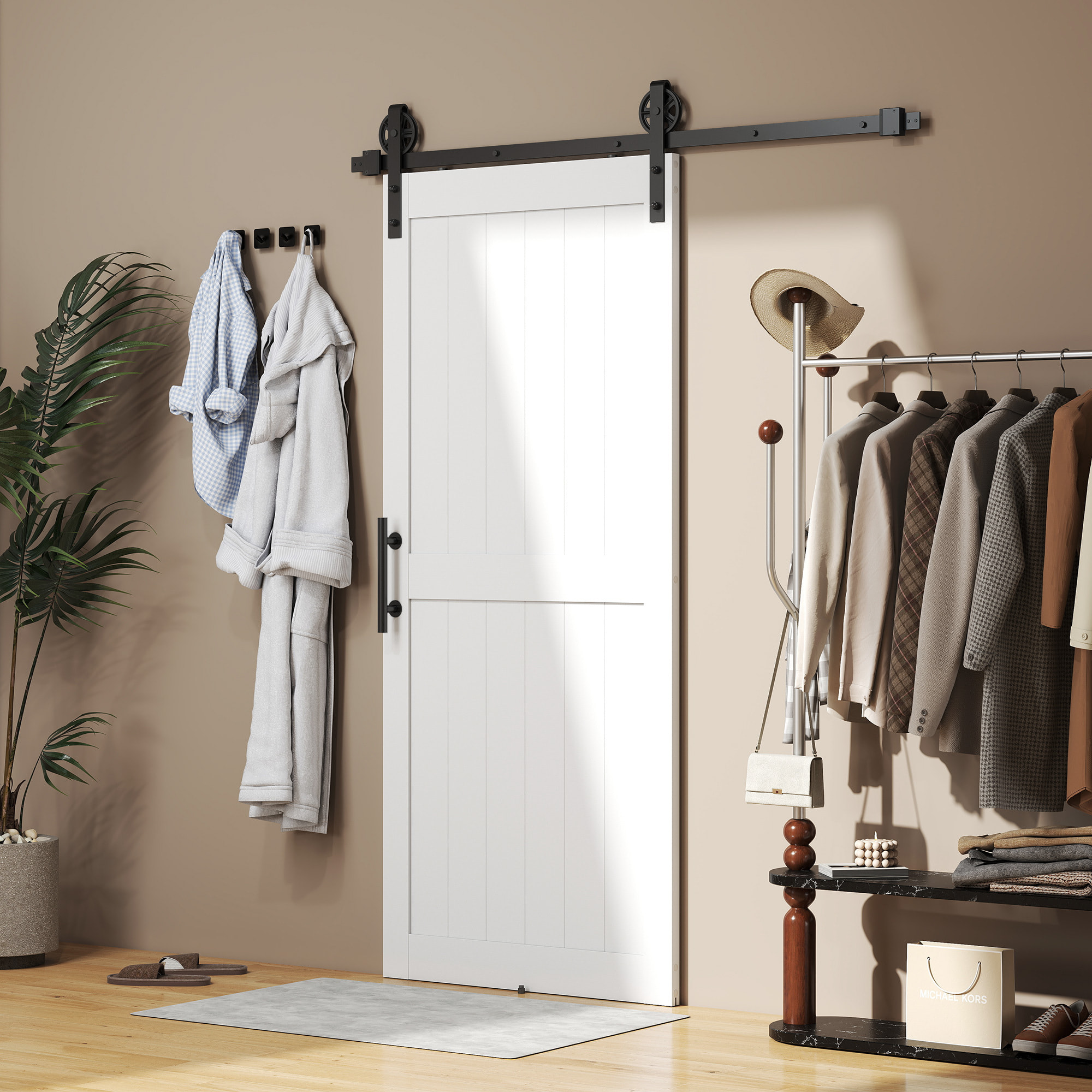 Puerta Corredera de Granero con Herrajes Puerta Corredera de Interior con Manija Rodillo y Guía de Suelo Mejorados para Baño Salón Sala de Estar 91,5x213,4 cm Blanco