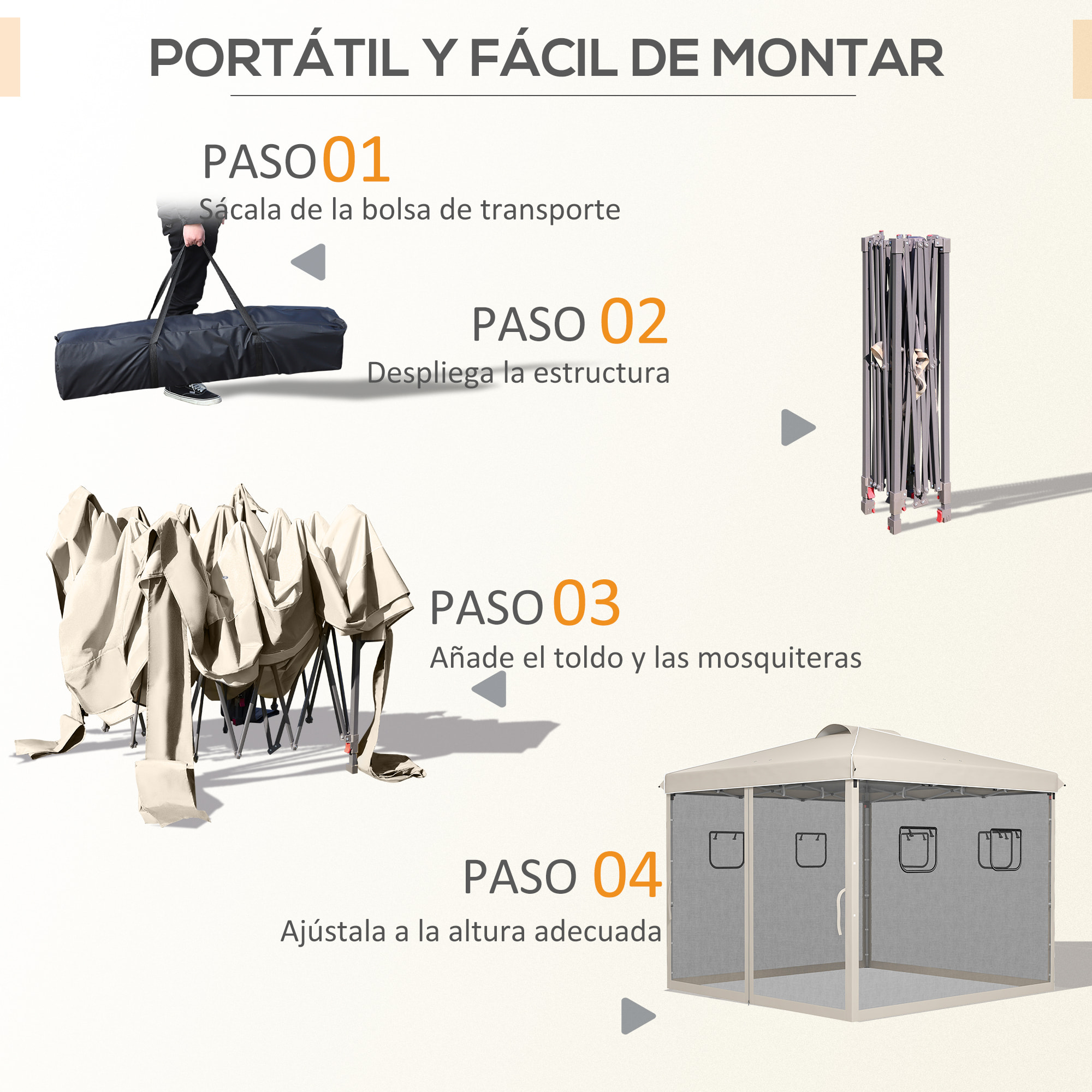 Carpa Plegable 3x3 m Cenador de Jardín con Pared Lateral de Malla 6 Ventanas Altura Ajustable en 3 Niveles Protección Rayos UV30+ e Impermeable para Camping Fiestas Beige