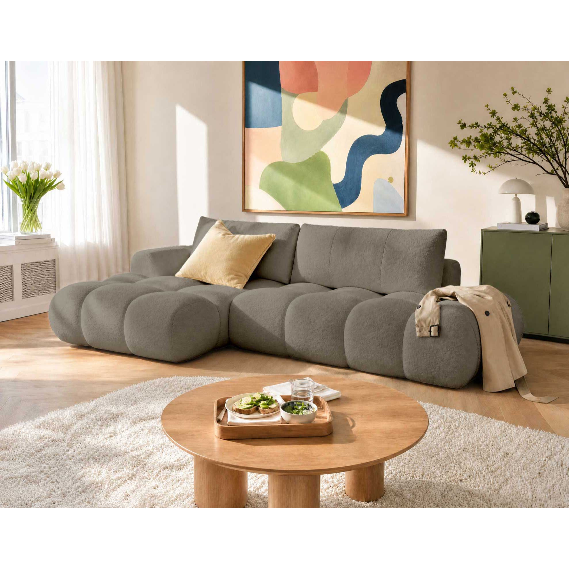 Yulin - Canapé d'angle ouvert gauche 4 places convertible avec coffre en tissu bouclette - Taupe