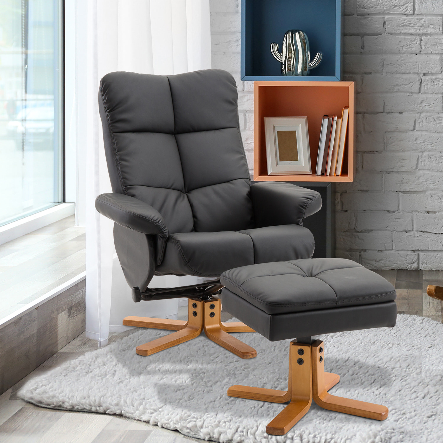 Fauteuil relax inclinable style contemporain repose-pieds coffre rangement revêtement synthétique acier bois noir