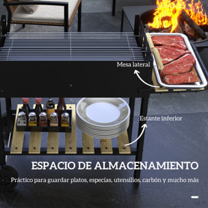 Barbacoa de Carbón, Barbacoa Portátil, 113x53,5x82,5 cm, con 2 Parrillas Alturas Ajustables, Mesa Lateral, Estante y Ruedas, para Jardín o Fiesta al Aire Libre, Negro