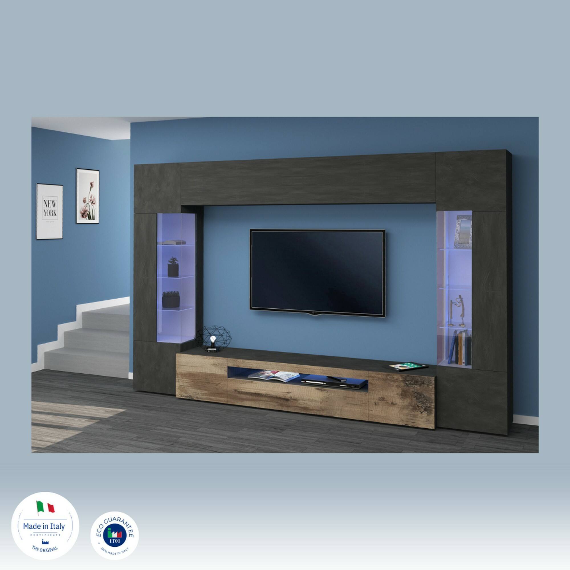 Parete attrezzata Clementino, Set salotto porta TV a 6 ante, Mobile soggiorno multiuso con luce LED, 100% Made in Italy, cm 290x40h191, Antracite e Acero