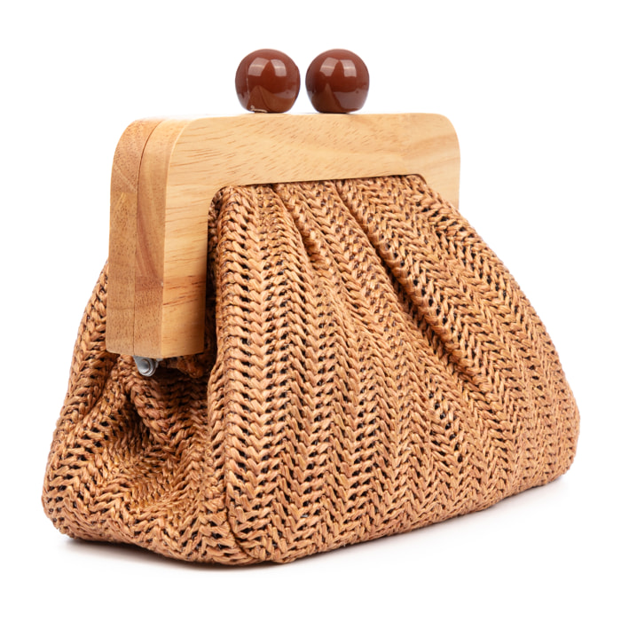 BeneLario Bolso bandolera Mujer. Tela con detalles de madera natural y piel sintética.