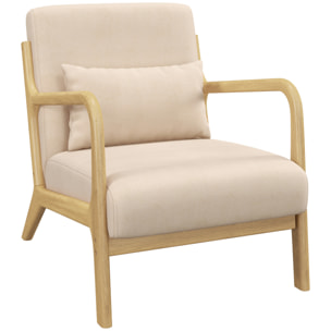 Butaca de Salón Butaca Nórdica Sillón de Salón con Reposabrazos Cojín y Marco de Madera de Caucho para Dormitorio Carga 120 kg 61x78x76 cm Beige
