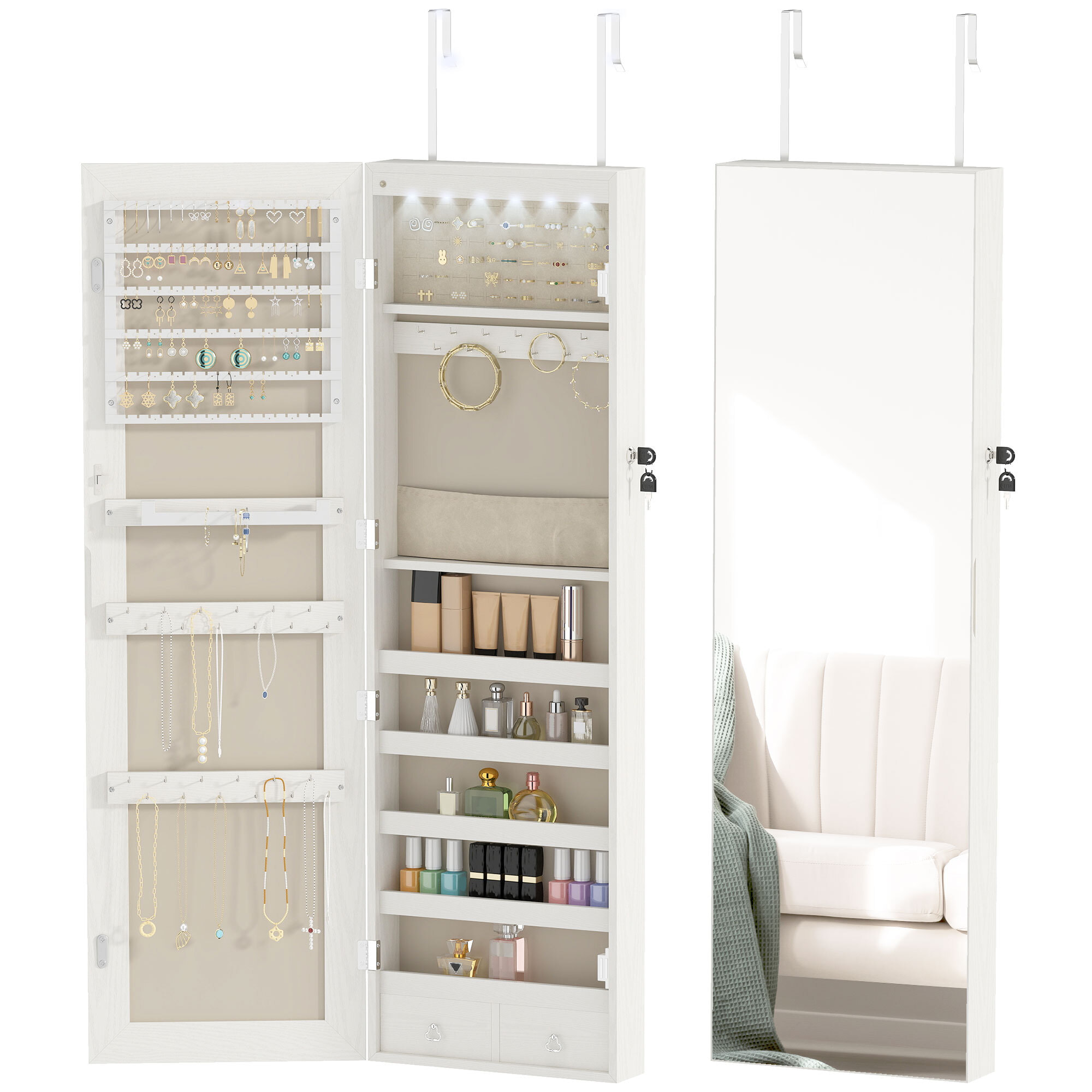 Espejo Joyero con Luz LED, Armario Joyero Montado en la Pared o en la Puerta, Armario para Joyas con Cerradura, Espejo Entero, Blanco