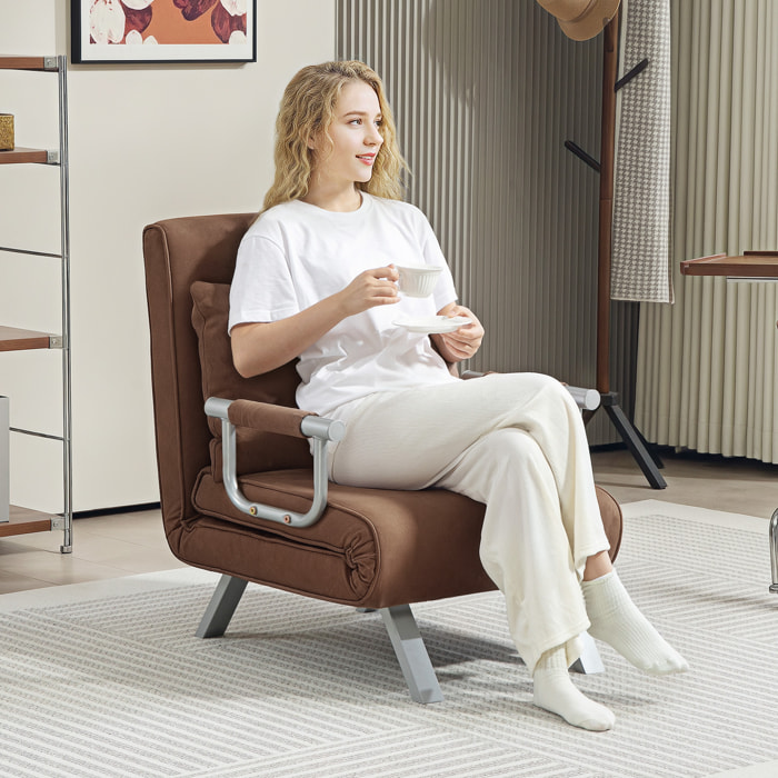 Sofá Cama de 1 Plaza 2 en 1, Sillón Cama Plegable Tapizado en Ante Sintético, con Respaldo Ajustable en 5 Niveles y Almohada Acolchada, para Oficina, Dormitorio, Salón, 65x69x80 cm, Marrón