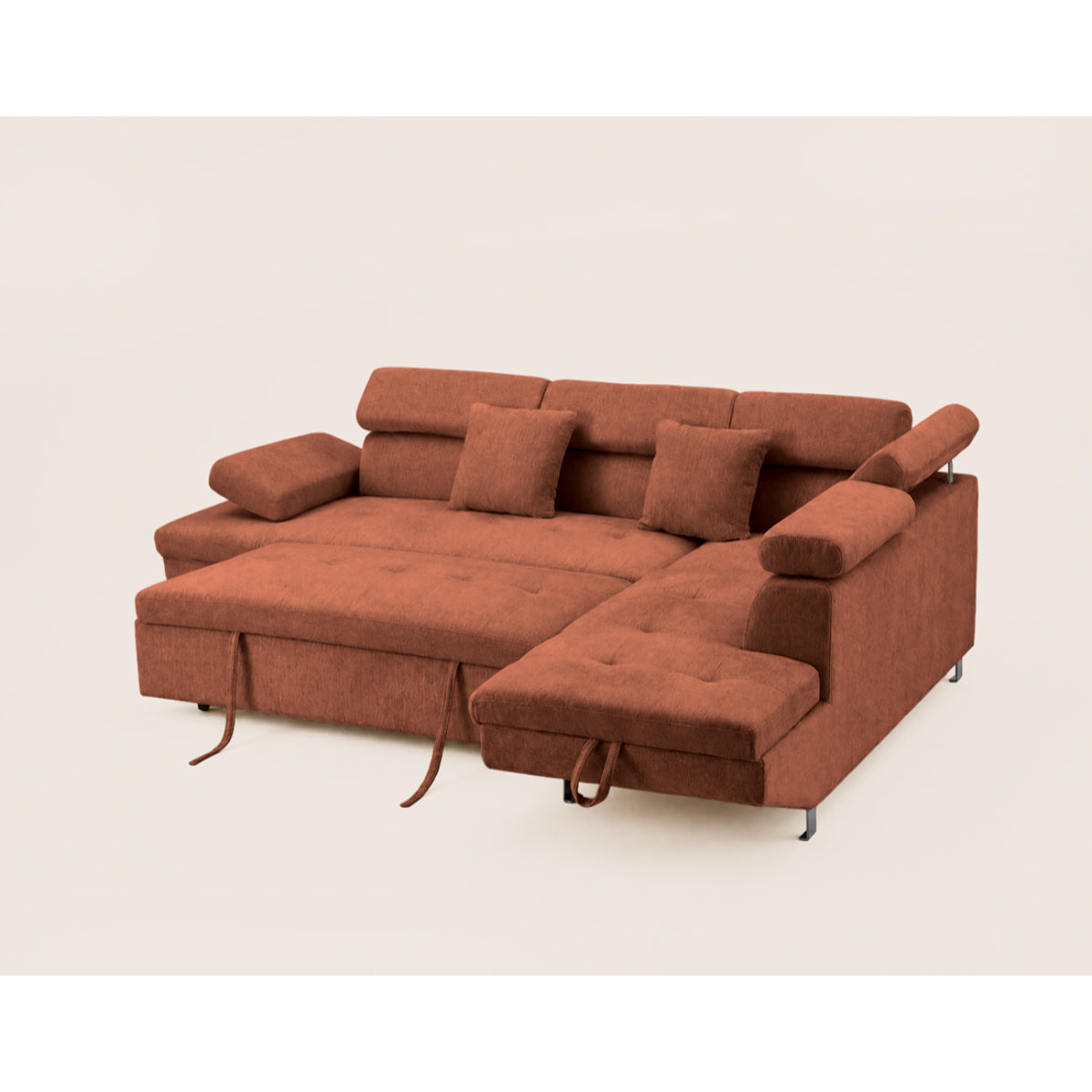 Margaux - Canapé d'angle droit 5 places convertible avec coffre et têtières réglables en velours texturé - Terracotta